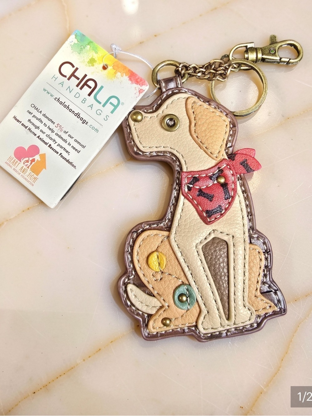 Chala Dog Leather Keychain Charm in Beige and Tan